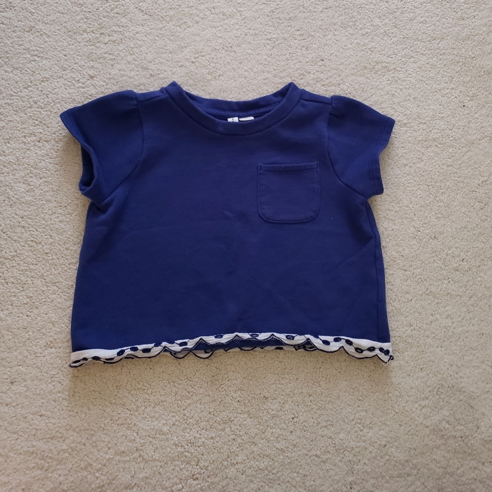 Janie and Jack Girls' Navy French Terry Short Sleeve Shirt With Eyelet Trim sz5